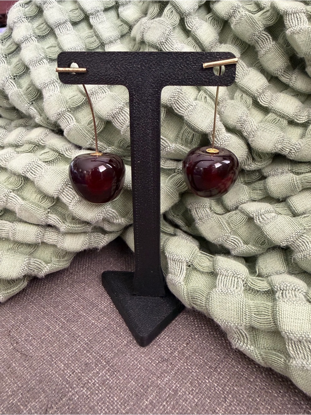 Burgundy Resin Cherry Drop Earrings Gold Tone Front Back Design